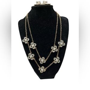 Susan Graver Simulated Pearl & Crystal Necklace Opal/Gold + Matching Earrings